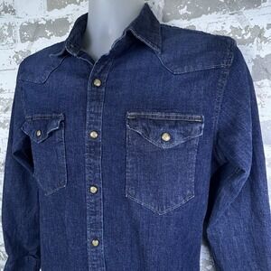 Wrangler Denim Shirt Men's M Slim Fit Pearl Snap Flap Pockets